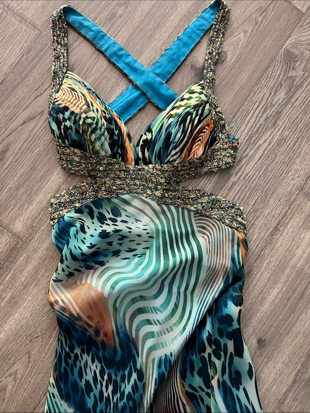 David's Bridal Teal Dress with Beaded Detailing